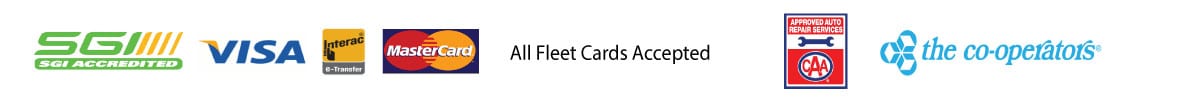 Logos of Payments accepted: SGI, VISA, Interac, Mastercard, All Fleet Cards, CAA and The Co-operators